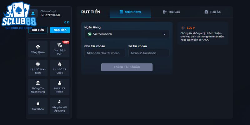 Hệ thống rút tiền SCLUB88 hỗ trợ nhiều phương thức thuận tiện.