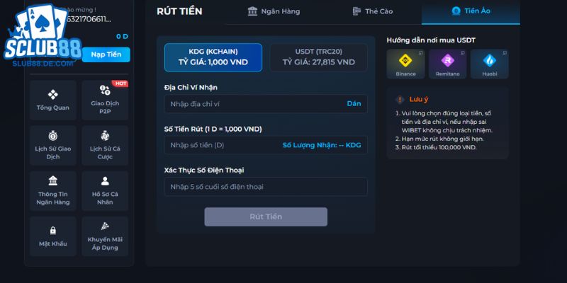 Thông báo rút tiền thành công trên hệ thống SCLUB88.